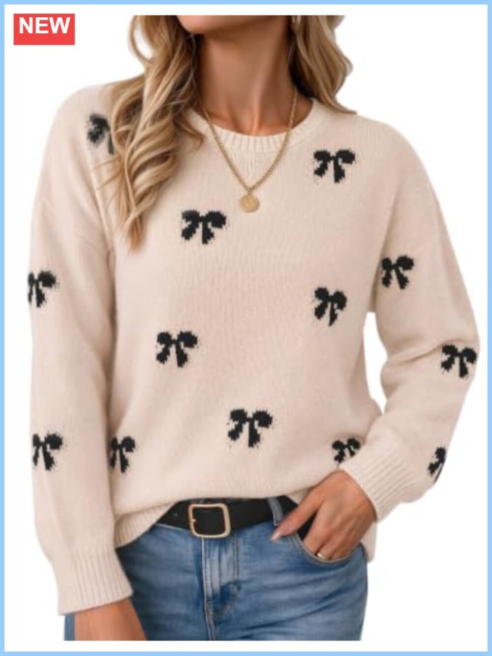 Oversized Bow Pattern Knit Pullover Sweater Crewneck Long Sleeve
